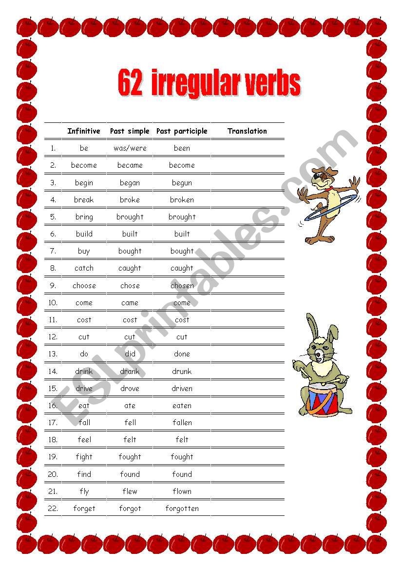 62 irregular verbs / 3 pages worksheet