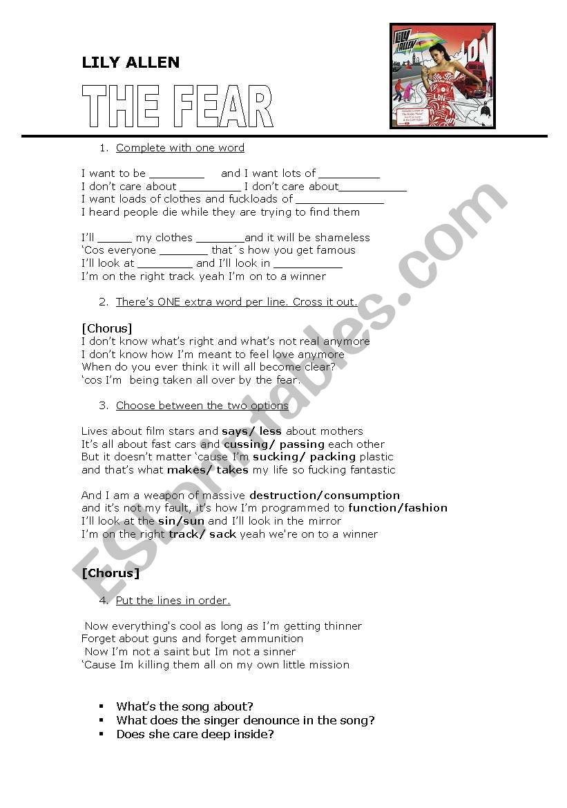 Lily Allen - THE FEAR worksheet