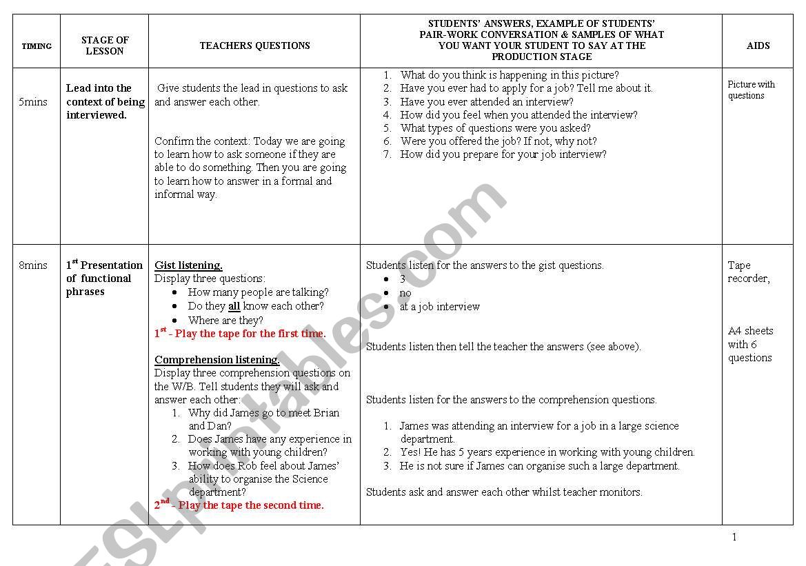 LESSON PLAN Making and responding to enquiries. 