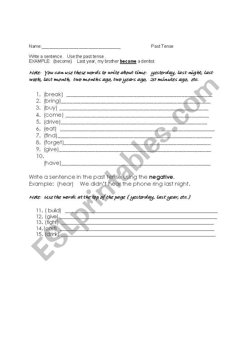 Past tense writing worksheet worksheet