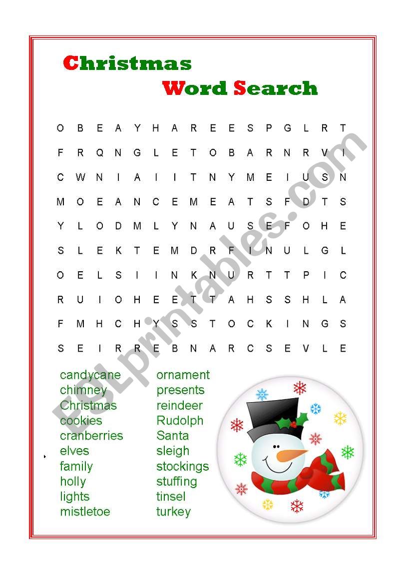 christmas word search worksheet