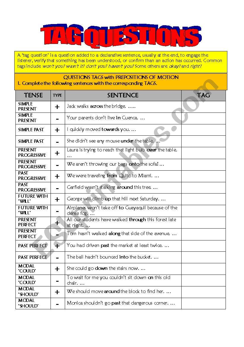 TAG QUESTIONS + PREPOSITIONS worksheet