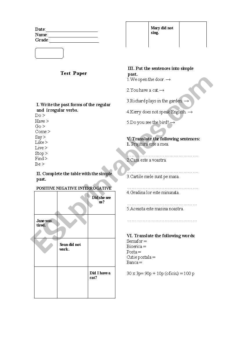 A test for the sixth graders focusing on the regular and irregular simple past