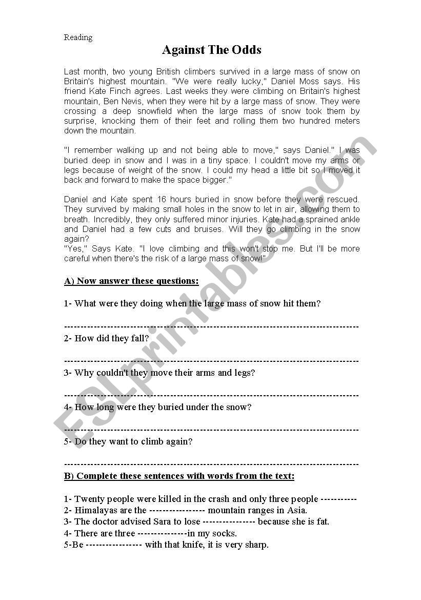 Reading test worksheet