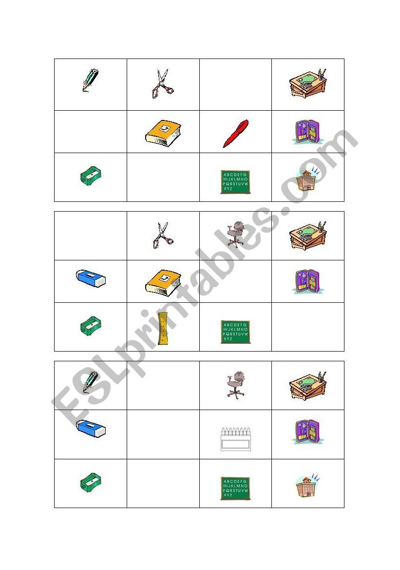 Classroom objects bingo worksheet