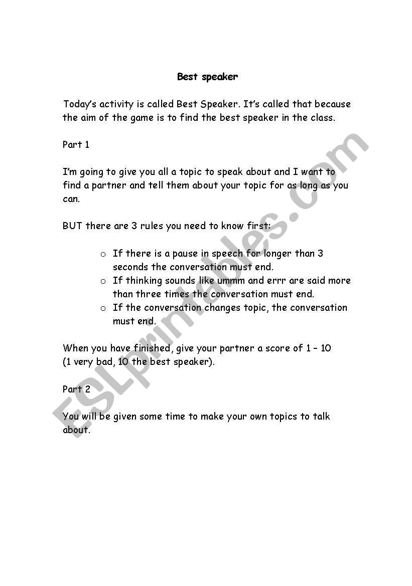Best speaker game worksheet