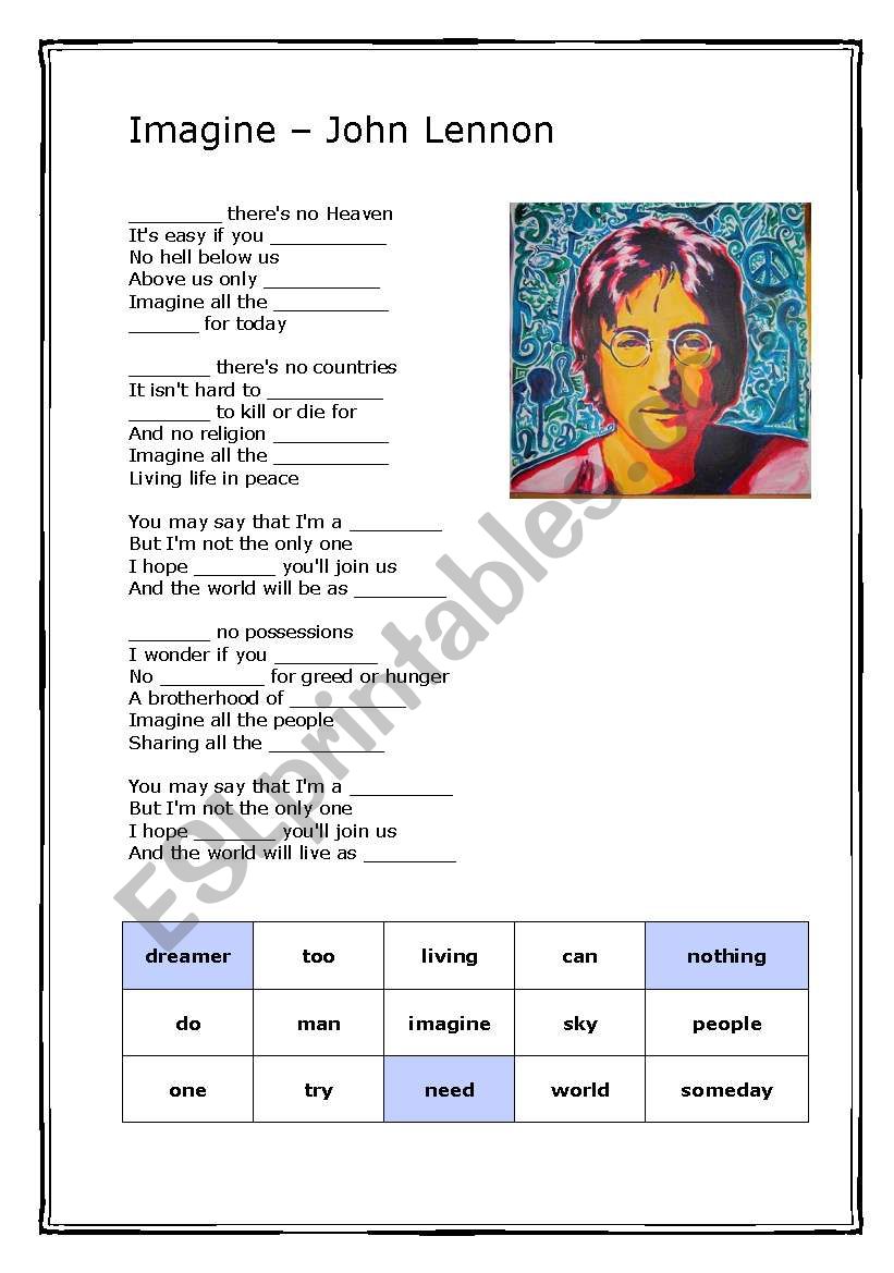 Song: IMAGINE - John Lennon - English ESL Worksheets for distance learning  and physical classrooms