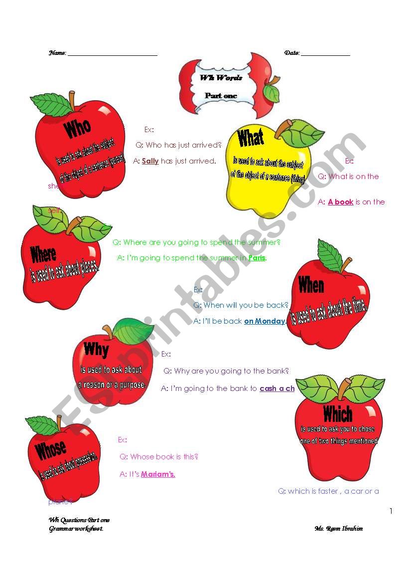 Wh Words part I worksheet