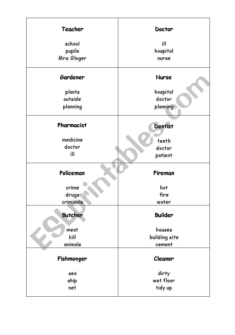 Taboo game with job titles worksheet