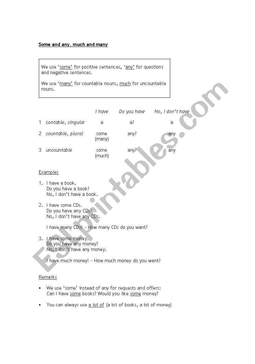 Some and any, much and many worksheet
