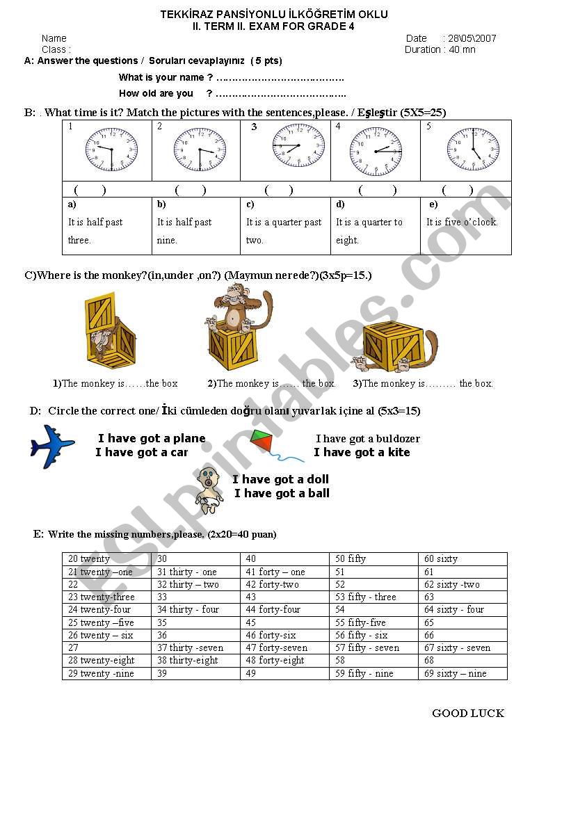 exam worksheet