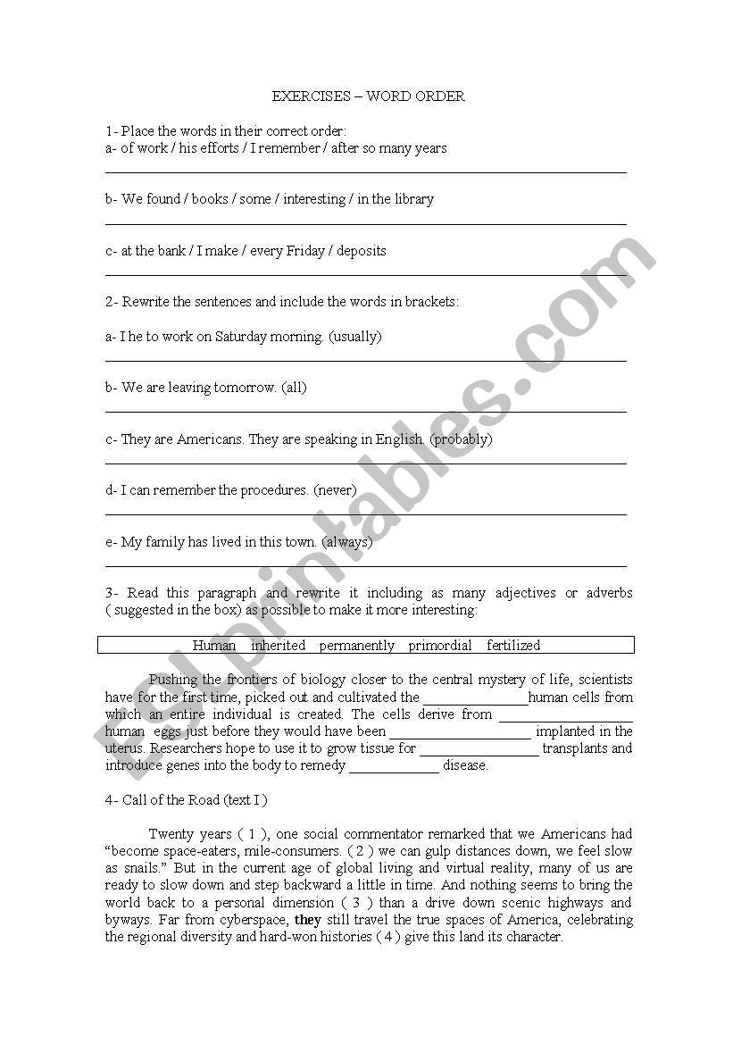 word order worksheet