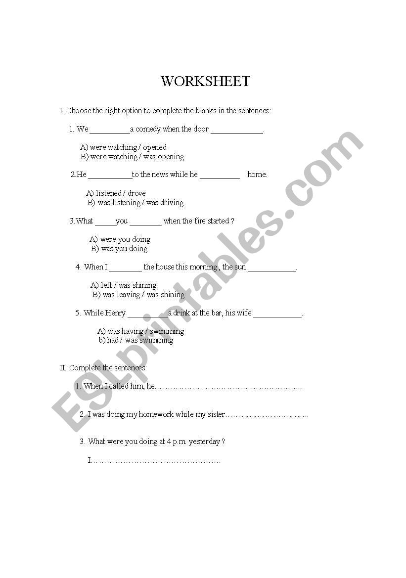 worksheet past simple vs.  past continuous grade 7