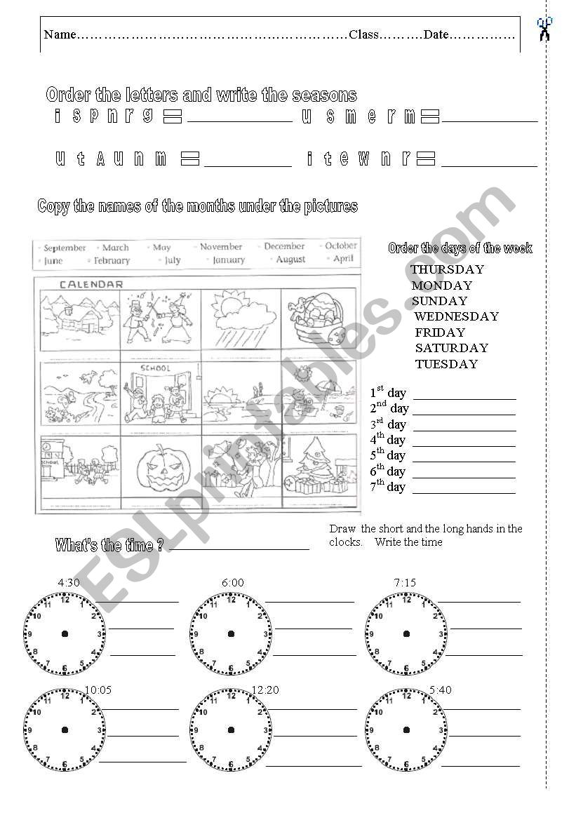 TEST - SEASONS  - MONTHS  OF THE YEAR- DAYS OF THE WEEK  - TELL THE TIME - WHATS THE TIME