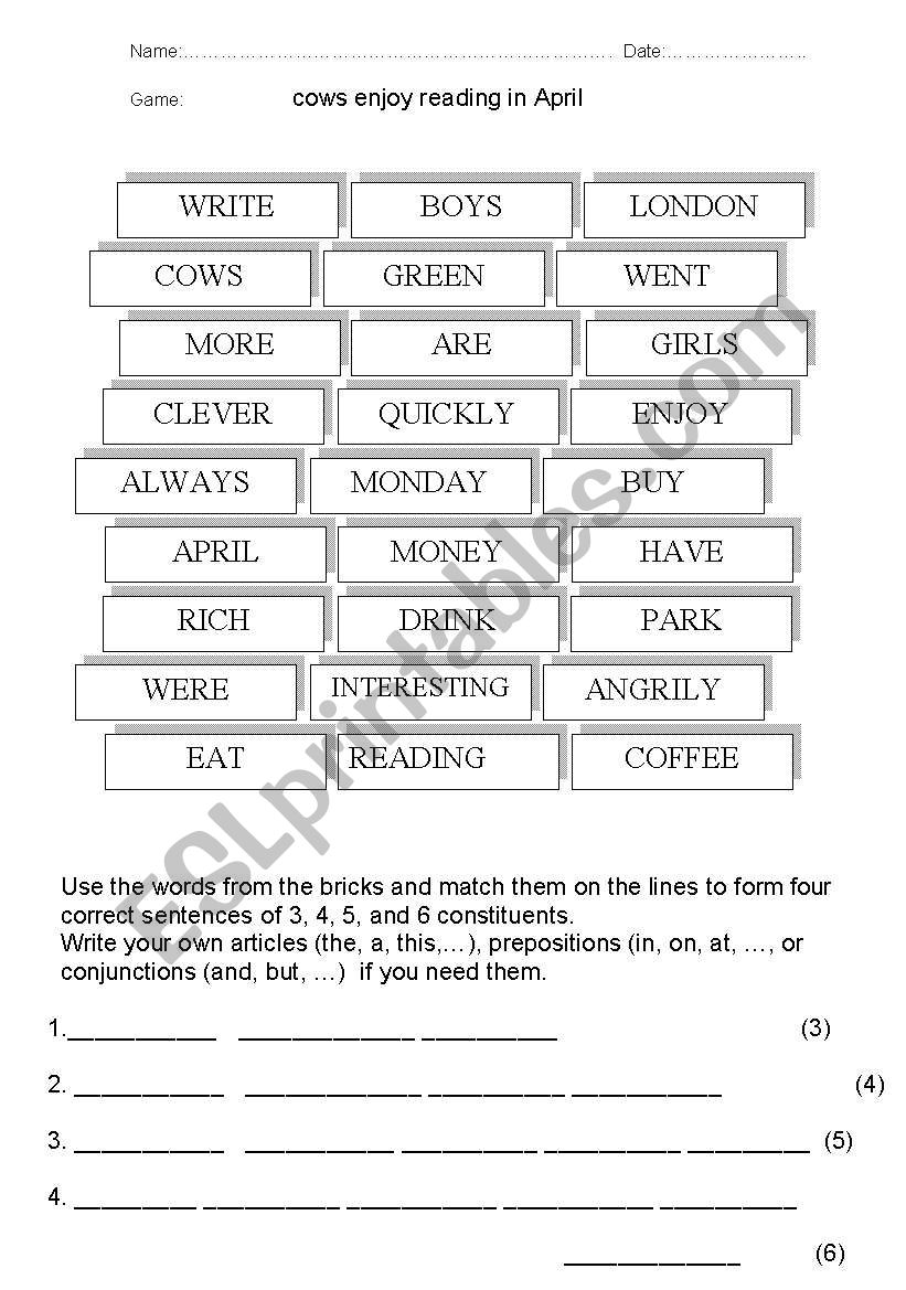 COWS ENJOY READING IN APRIL worksheet