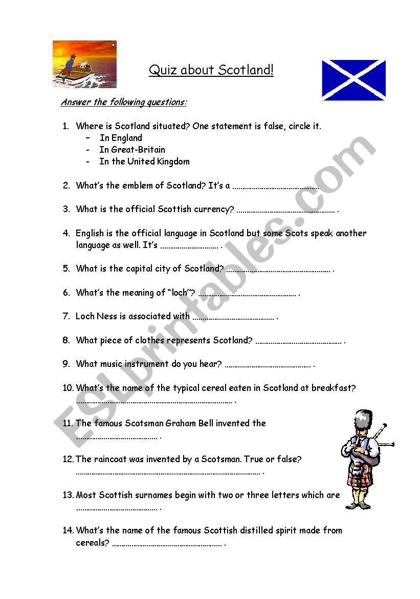 Quiz about Scotland worksheet