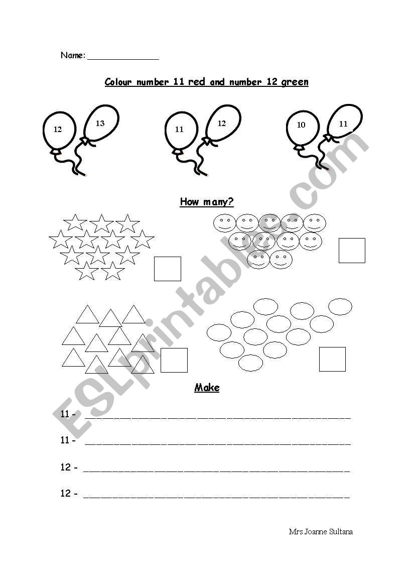Recognising number 11 and 12 worksheet