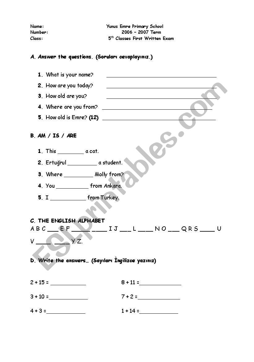 5th grade exam worksheet