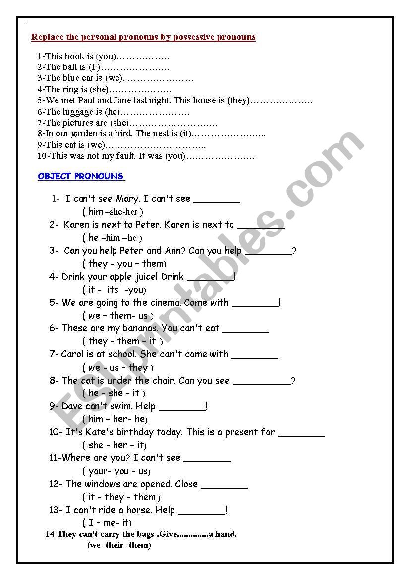 exercises on object  and possessive pronouns