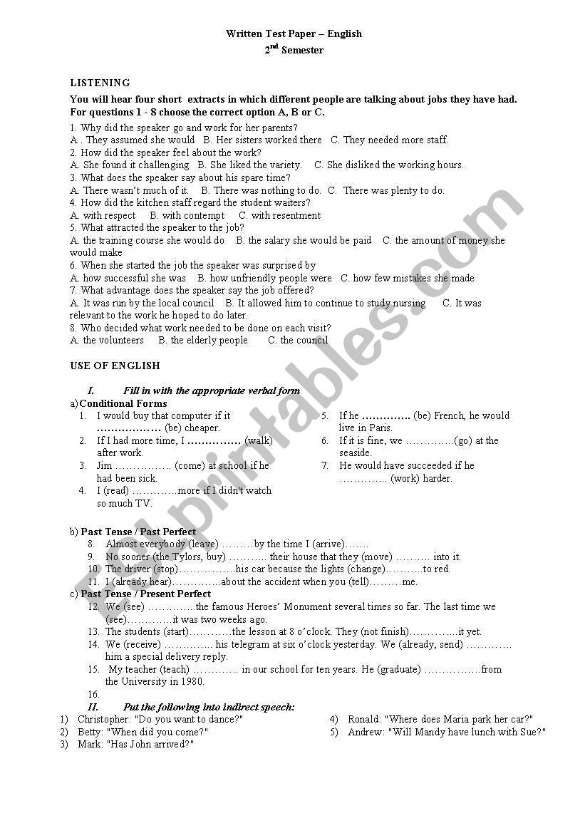 Multiple Choice/ Fill in Test worksheet