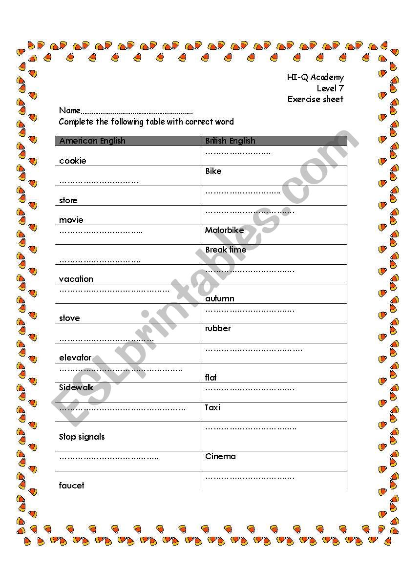 American  British english  worksheet
