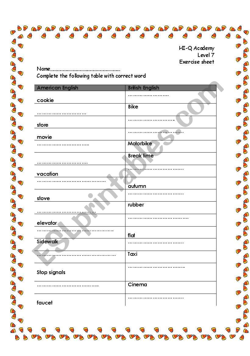 American  British english  worksheet