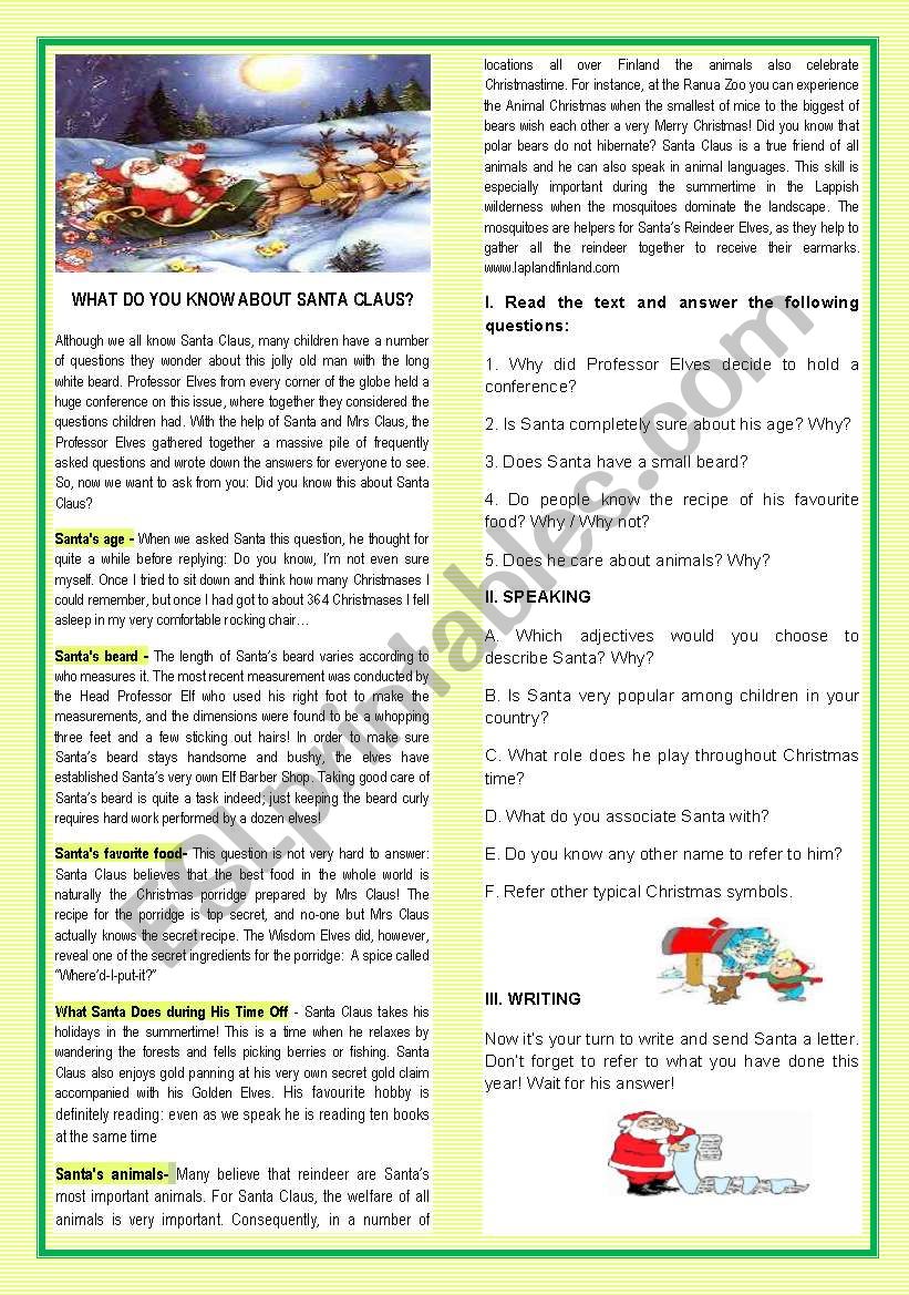 CHRISTMAS-WHAT DO YOU KNOW ABOUT SANTA?-READING +SPEAKING+WRITING