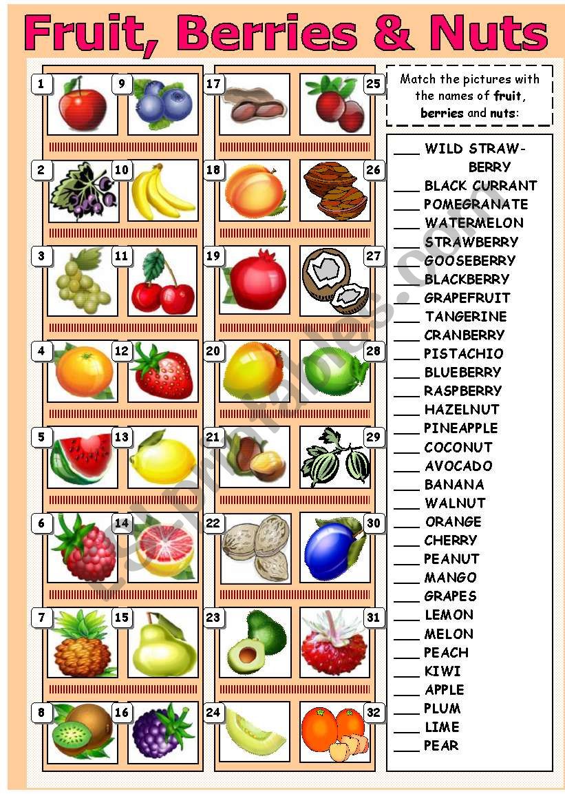 FRUIT, BERRIES & NUTS!!! 32 items of VOCABULARY!!! With KEY!!!
