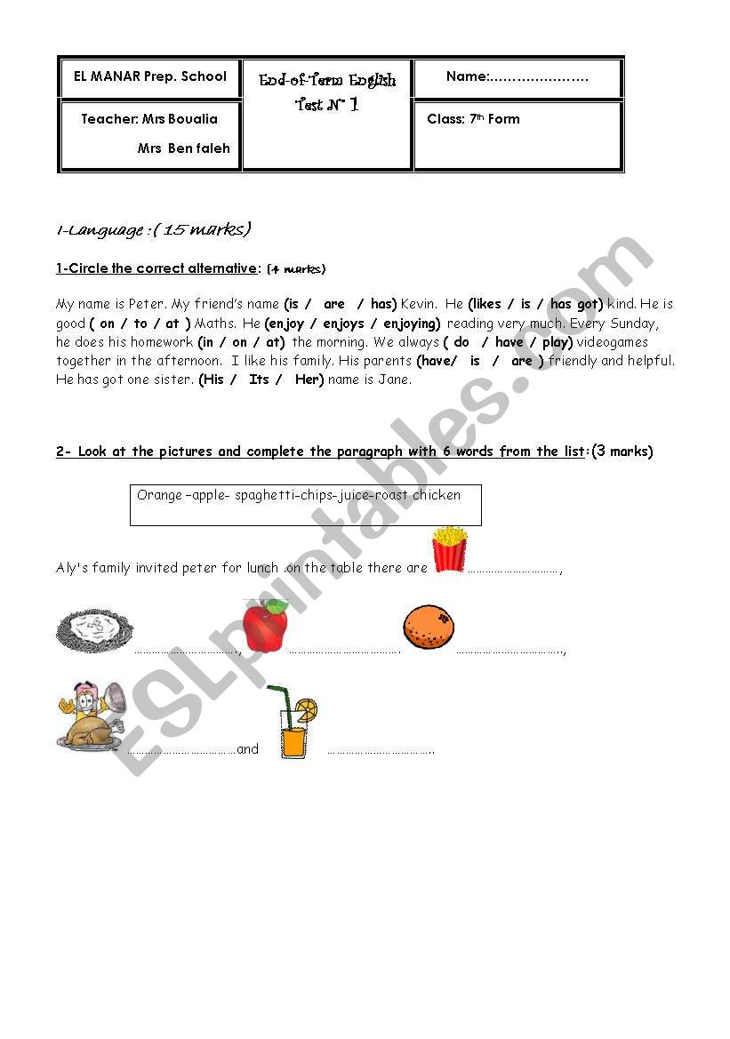 test 7 TH FORM END OF TERM worksheet