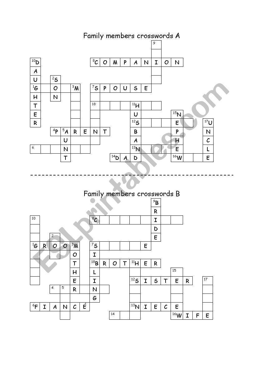 Family members crosswords - Communicative exercise (Pair work)