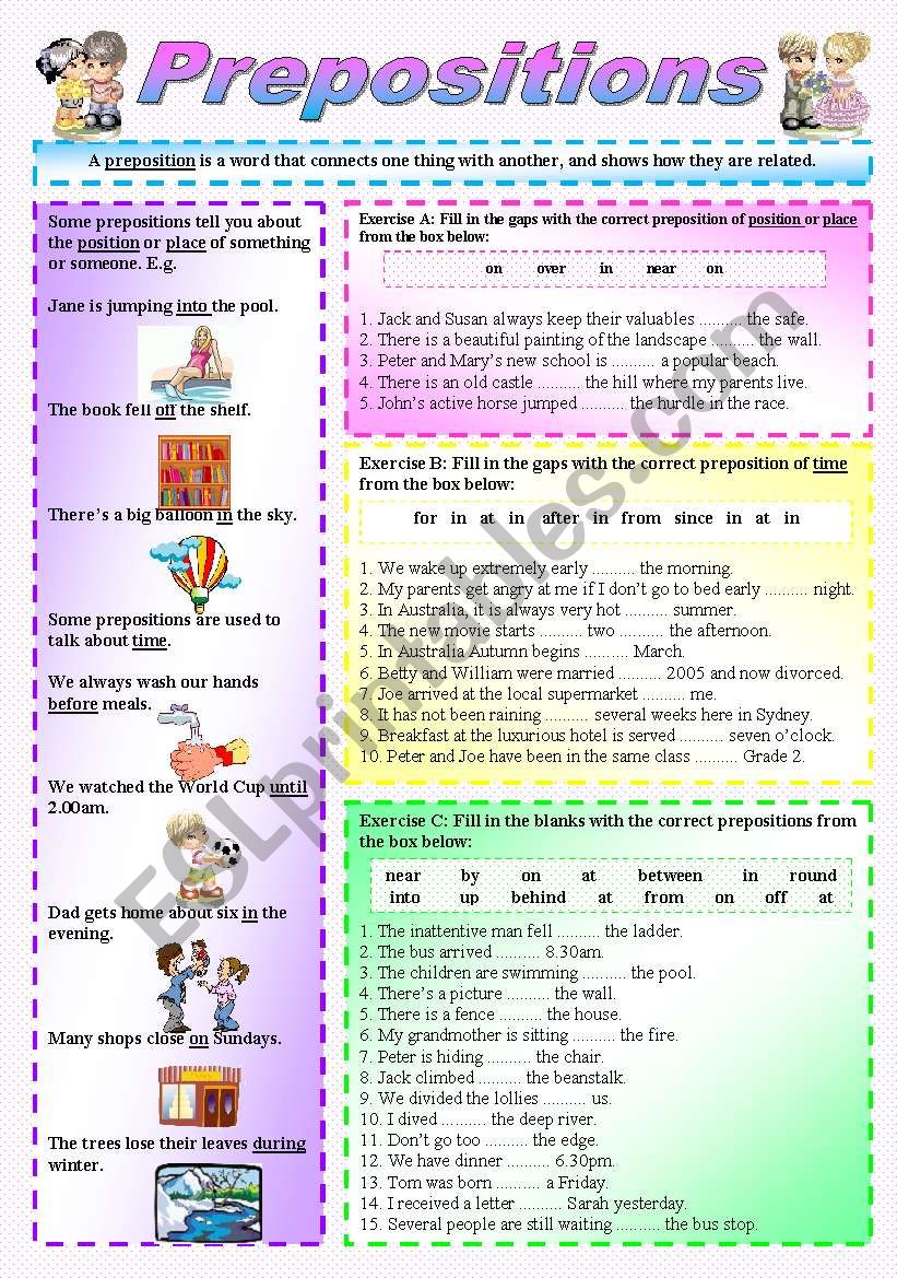 Prepositions of Time & Place - (( Explanations, examples & 30 sentences to complete )) - Elementary/Intermediate - (( B&W VERSION INCLUDED )) 