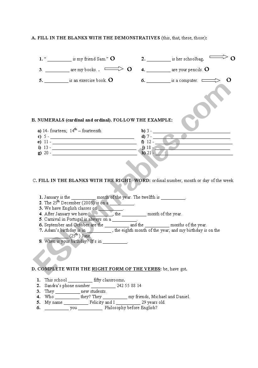 Revision work (numerals, demonstratives, be, have got, months and days of the week)