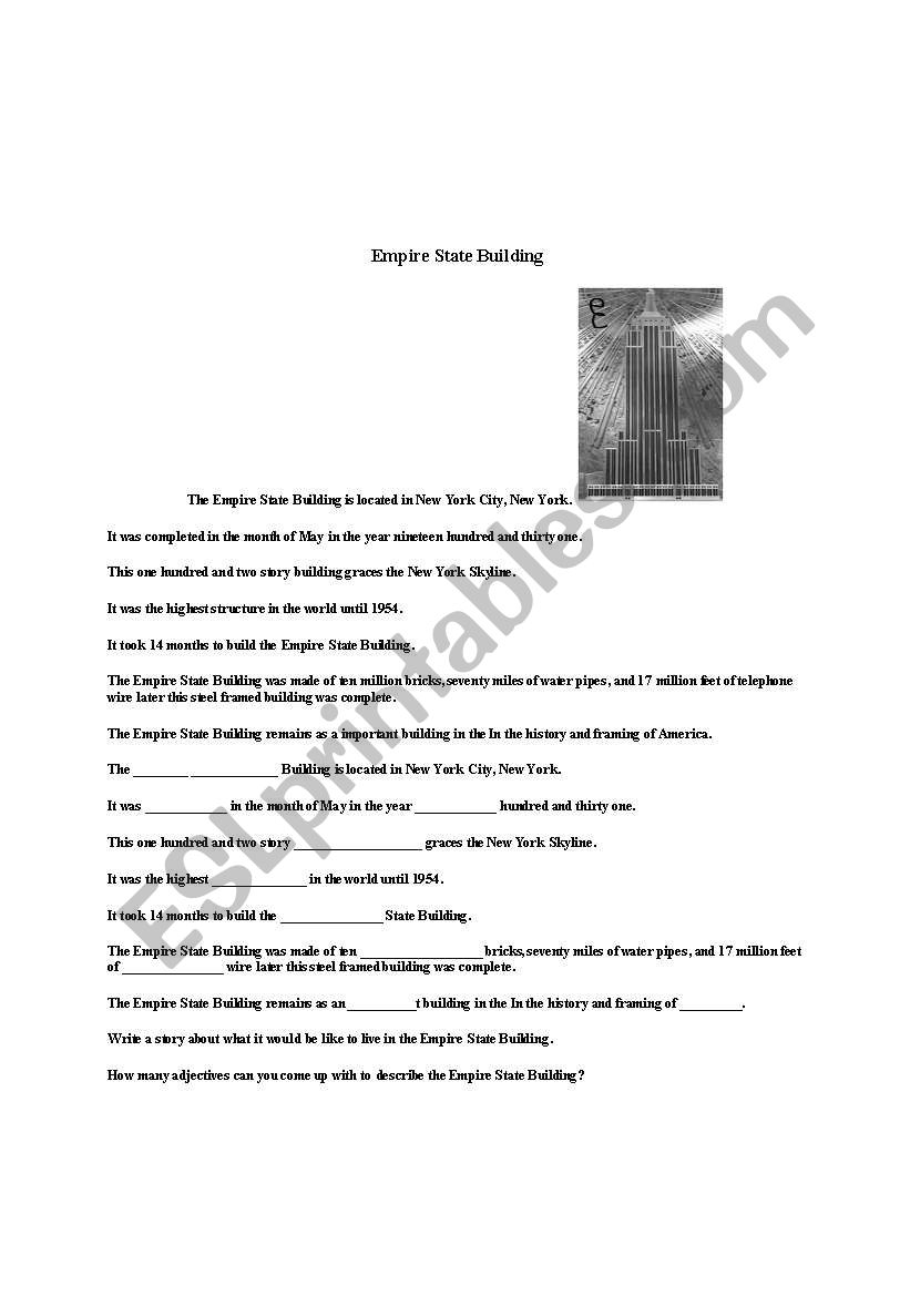 Empire State Building Reading comp and writing worksheet