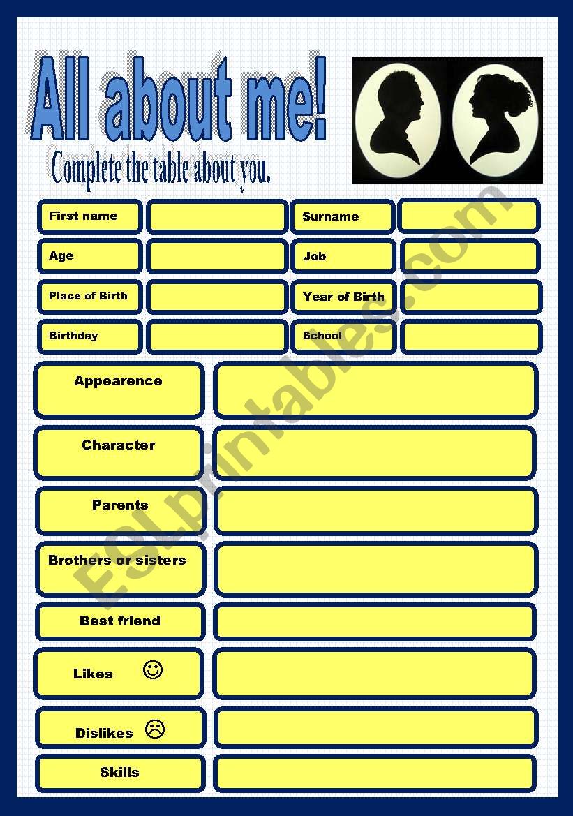 All about me! Two pages worksheet