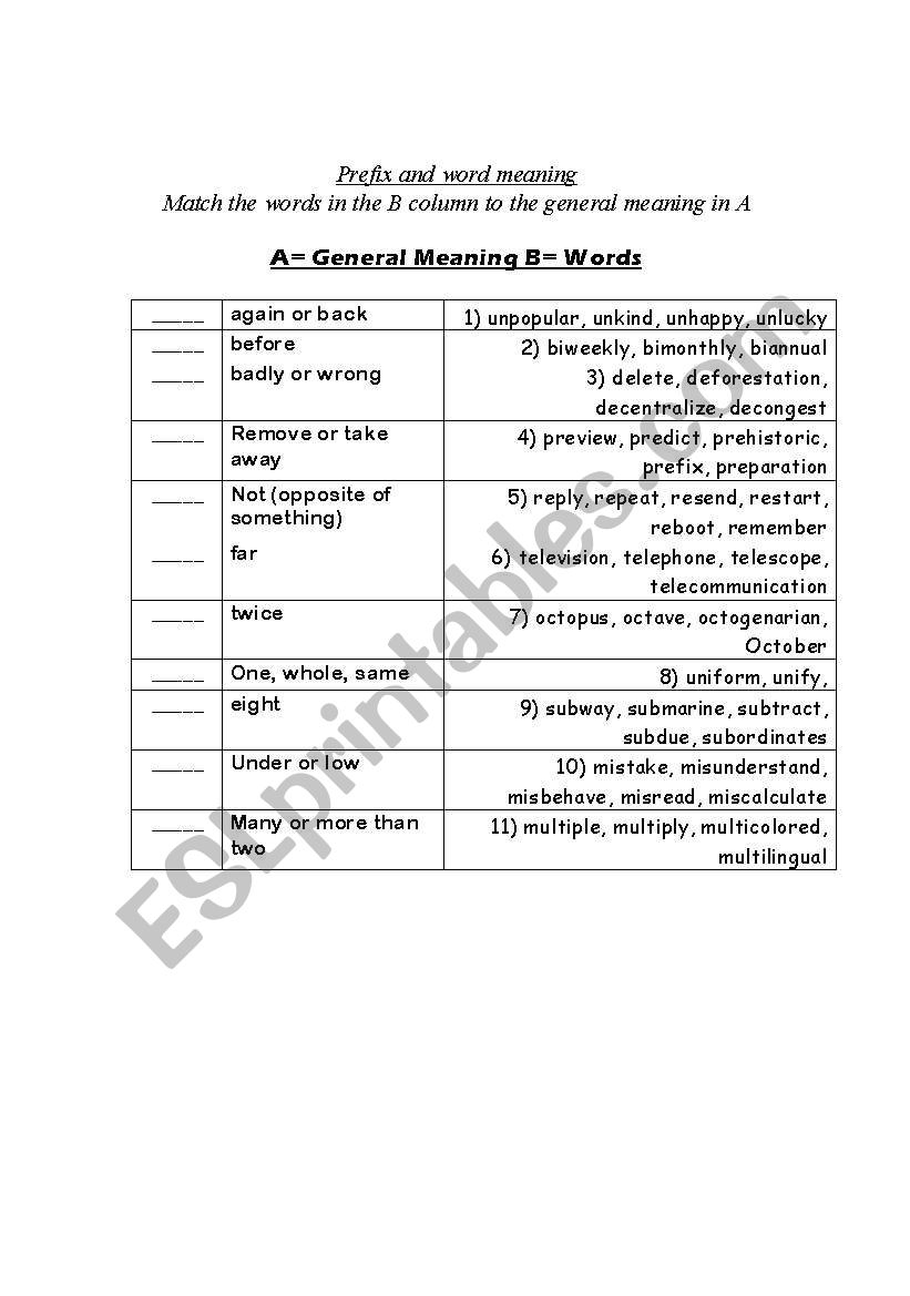 PREFIXES worksheet