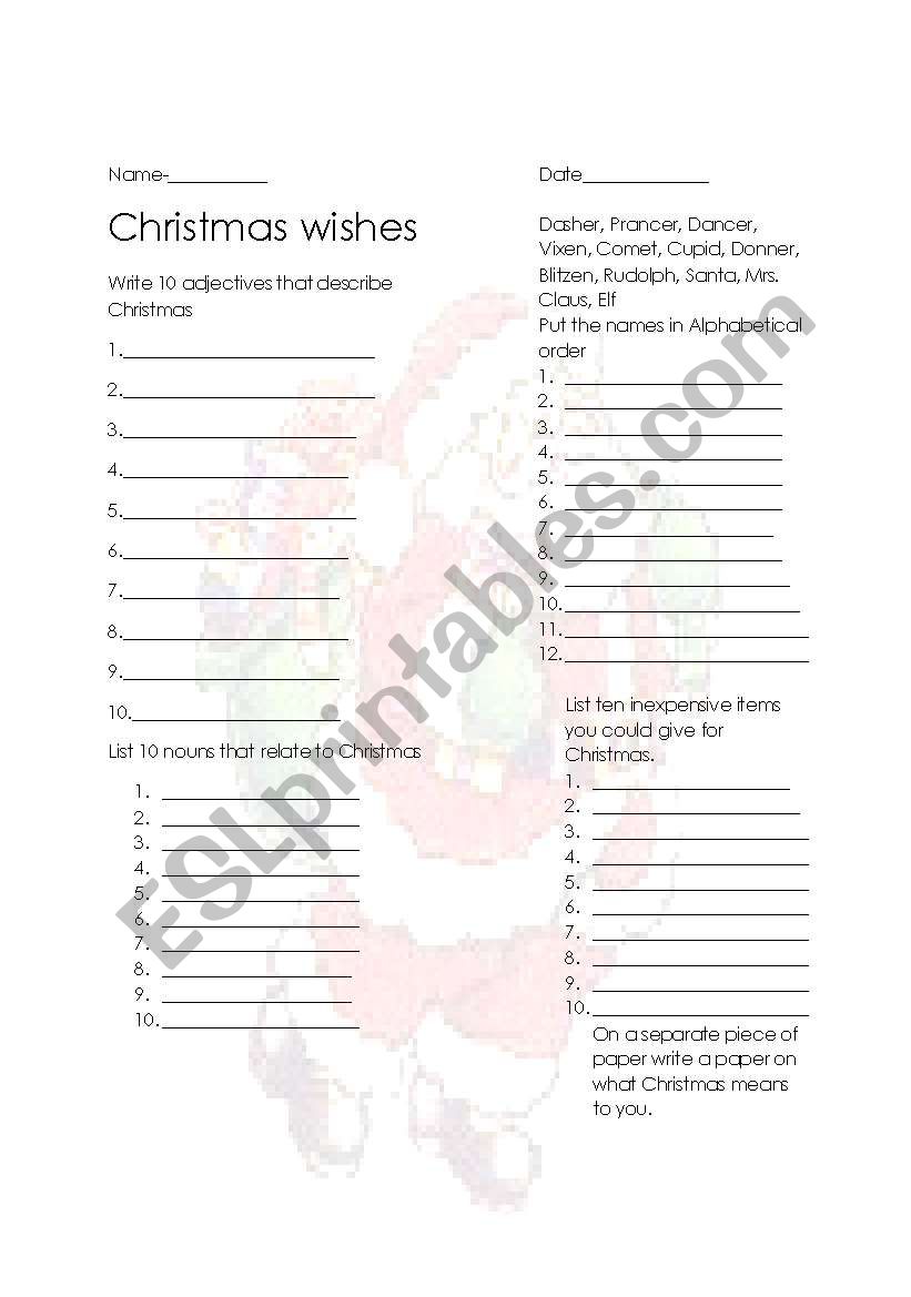 Christmas wishes parts of speech and writing