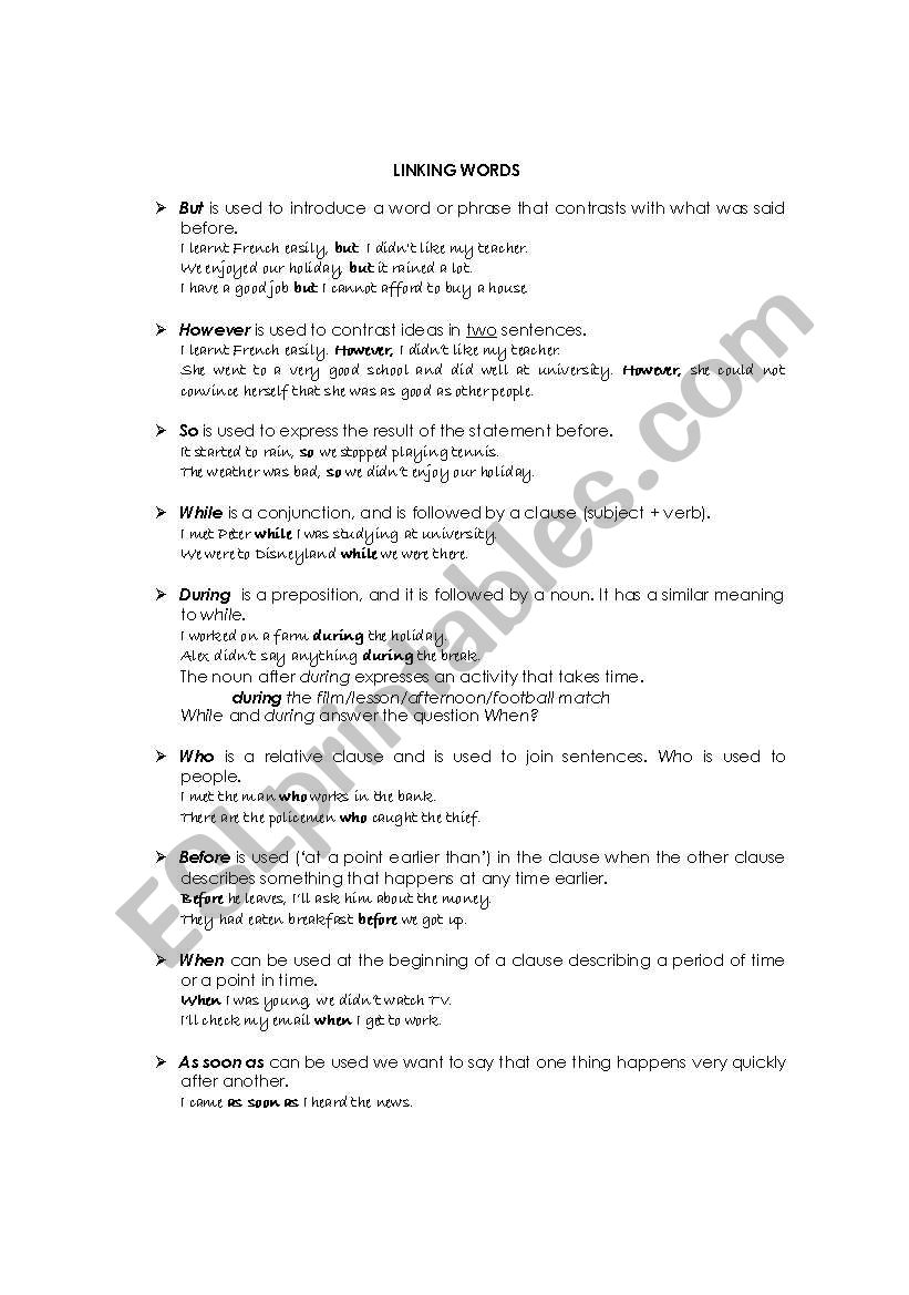 LINKING WORDS worksheet