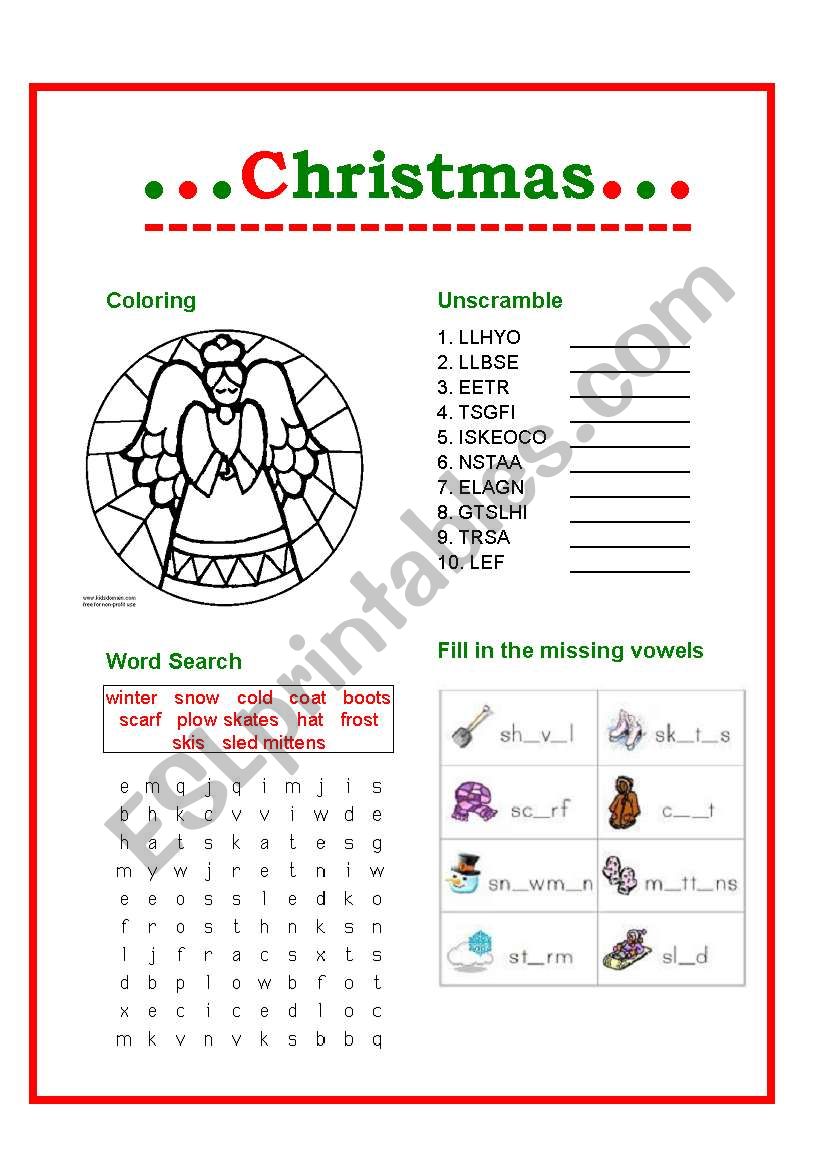 4 activities of Christmas worksheet