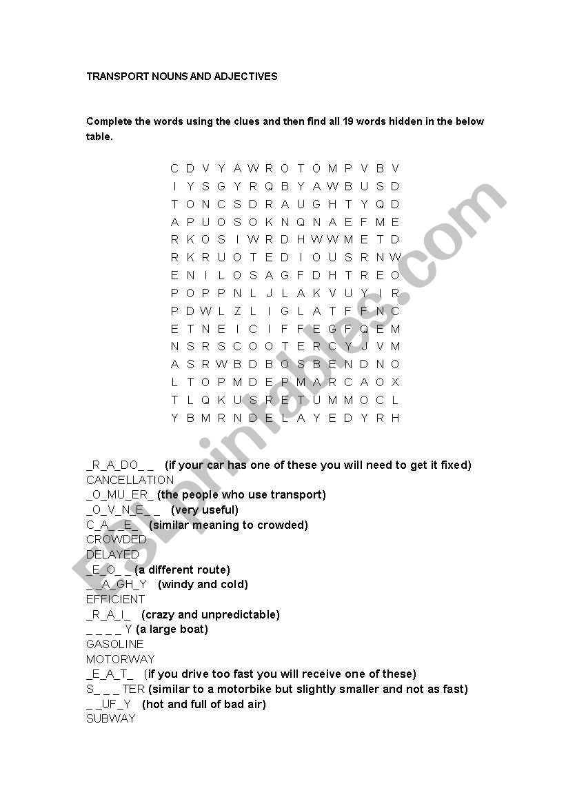 Transport vocab wordsearch worksheet