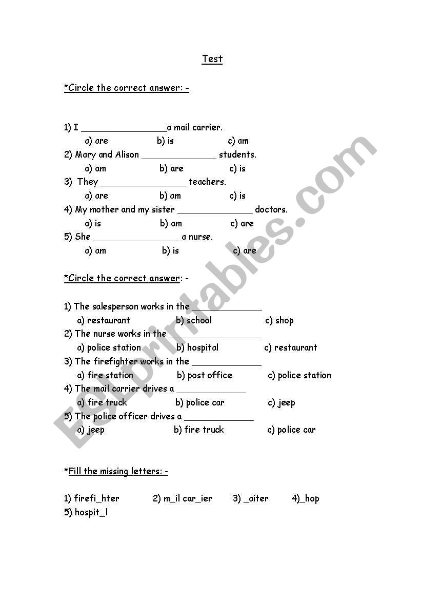 Jobs test worksheet