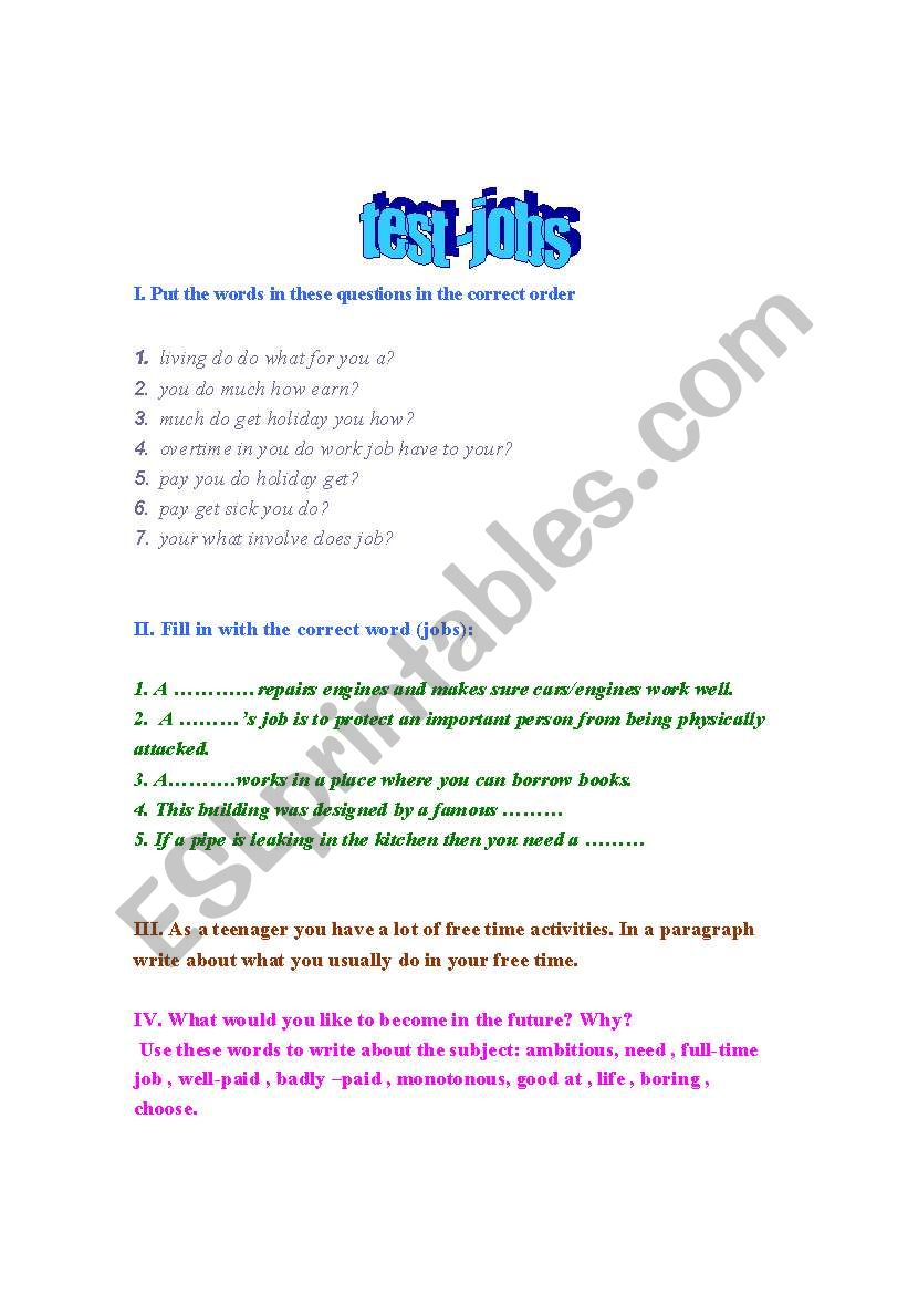 test jobs  worksheet