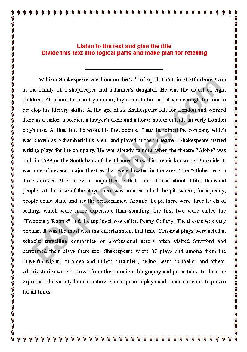 William Shakespeare worksheet