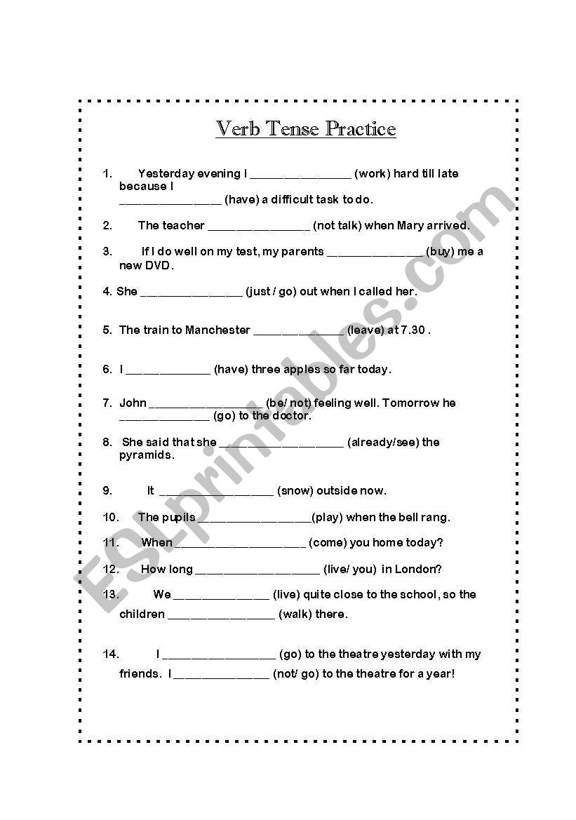 Review of Verb Tenses worksheet