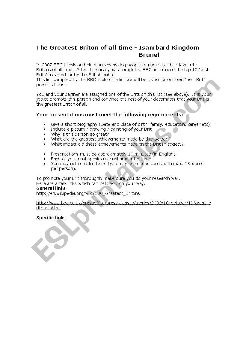 Greatest Britons : Brunel worksheet