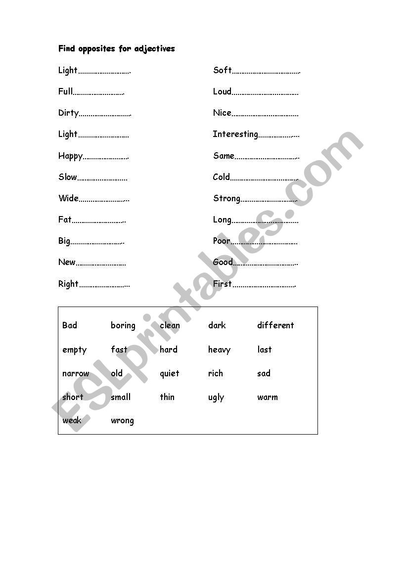 Opposits worksheet