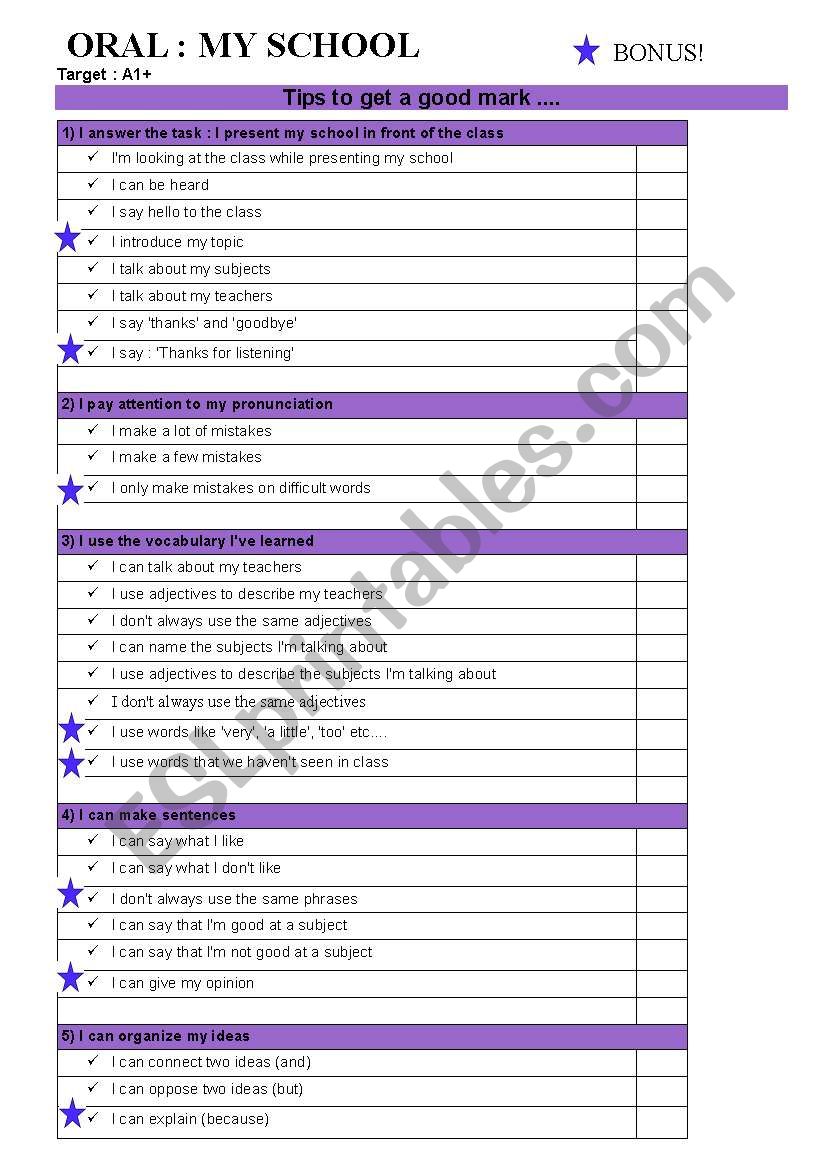 ORAL EXAM GRID worksheet