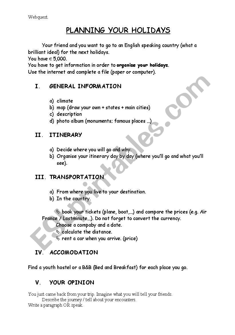 Planning your holidays worksheet