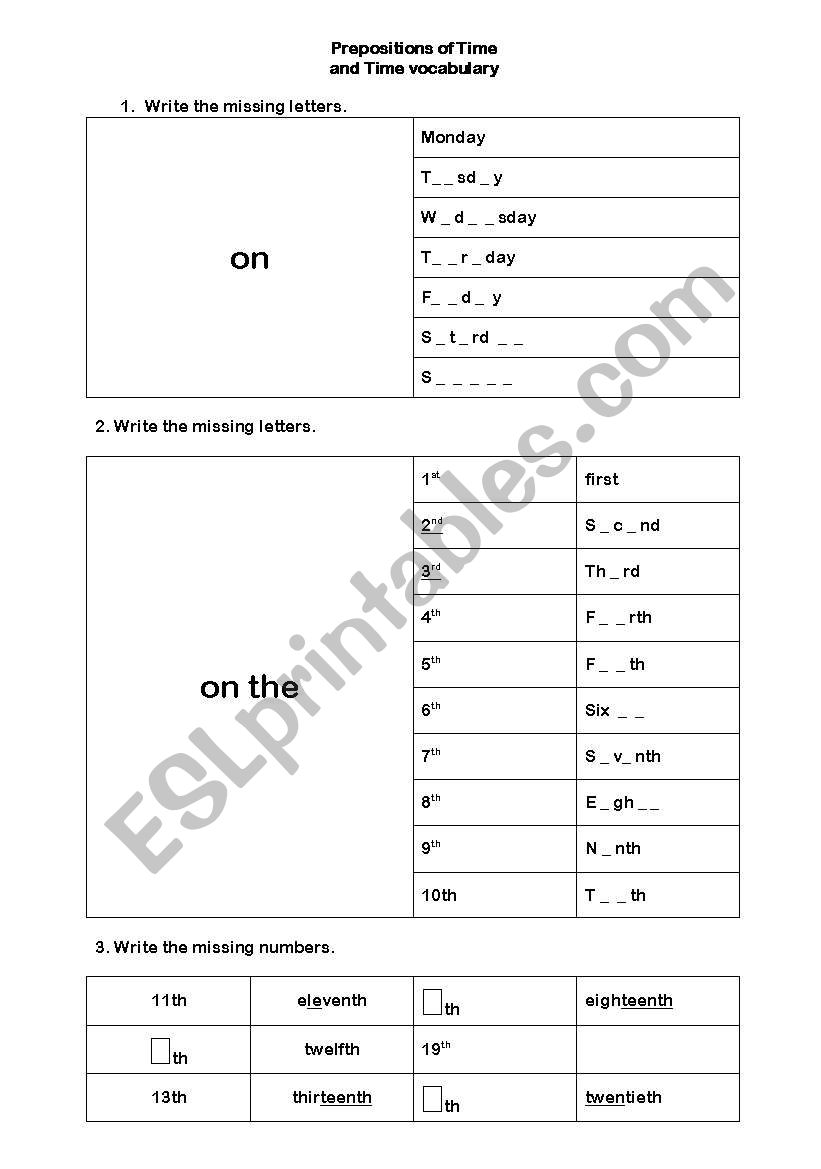 prepositions of time  worksheet