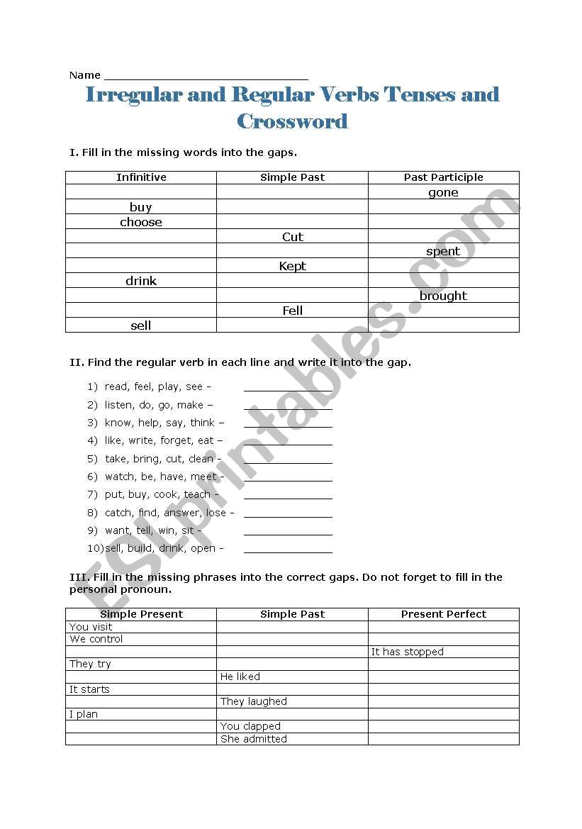 Irregular and Regular Verbs Tenses and Crossword