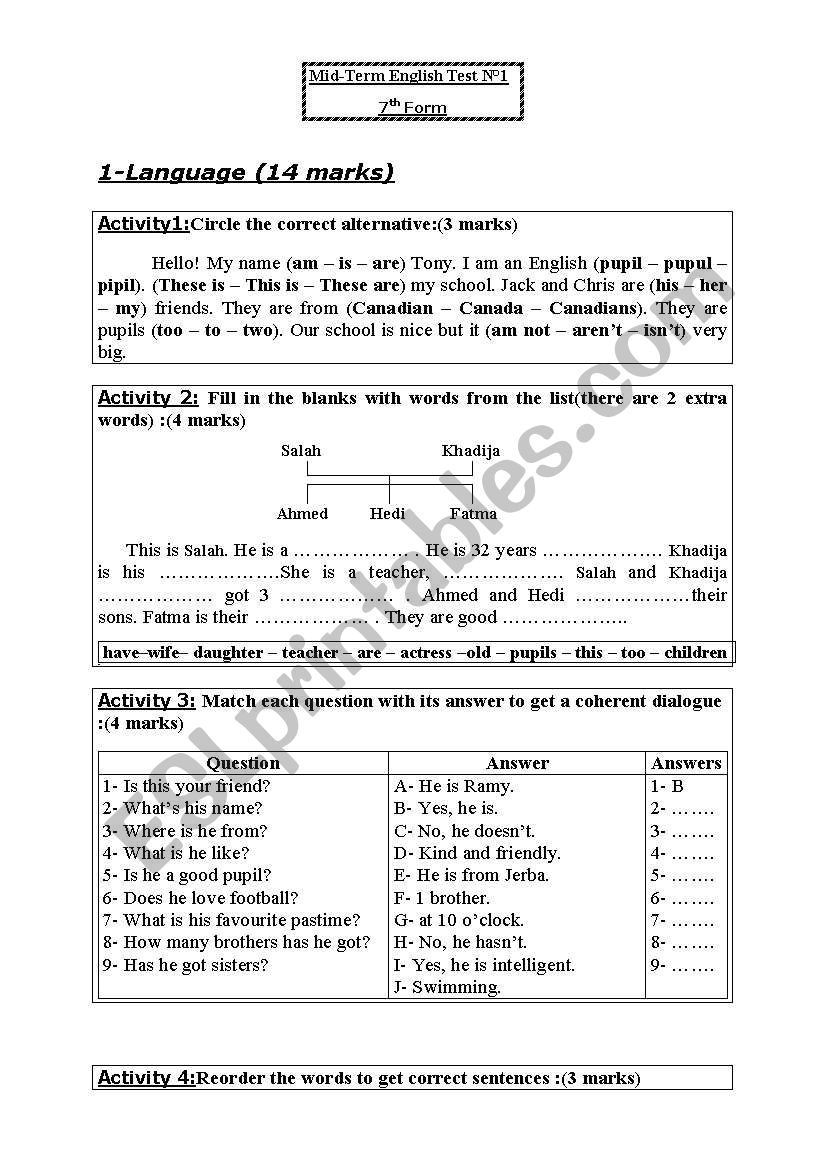 7th form test worksheet